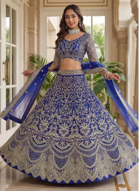 Blue Net Embroidered Work Designer Lehenga Choli for Women